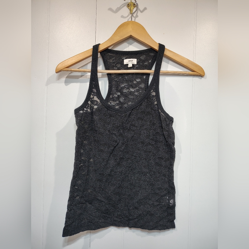 Aerie‎ Black Lace Tank Top Medium Sheer Floral Sleeveless Stretch